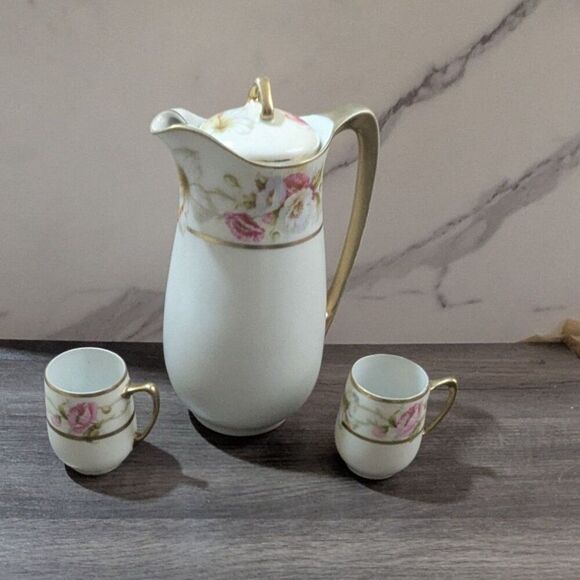 Bavaria Porcelain Coffee Set Pitcher & 2 Cups Floral Gold Trim Antique chocolate - Picture 5 of 8